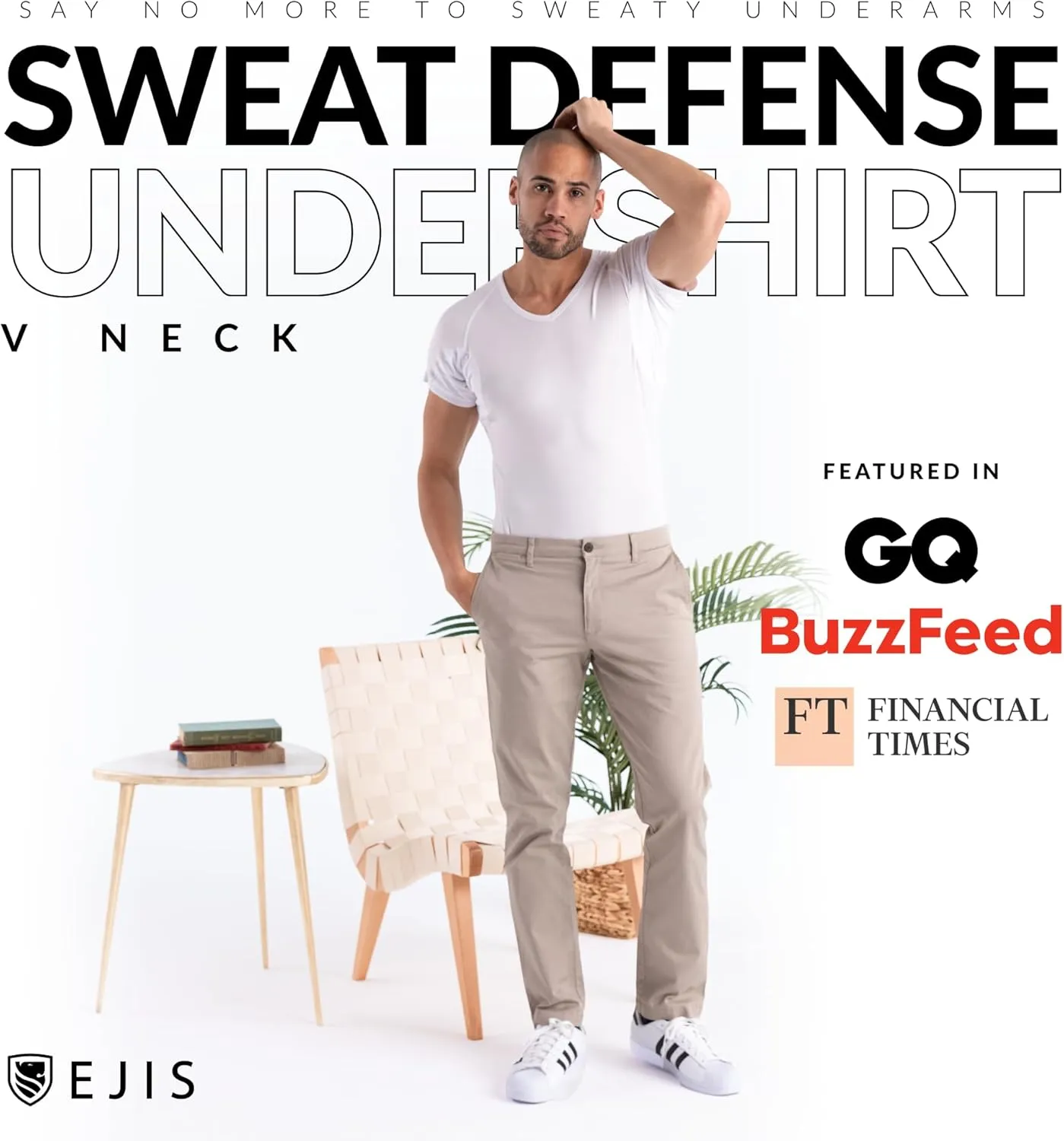 Ejis Men's Sweat Proof Undershirt, V Neck, Anti-Odor Silver, Micro Modal, Sweat Pads