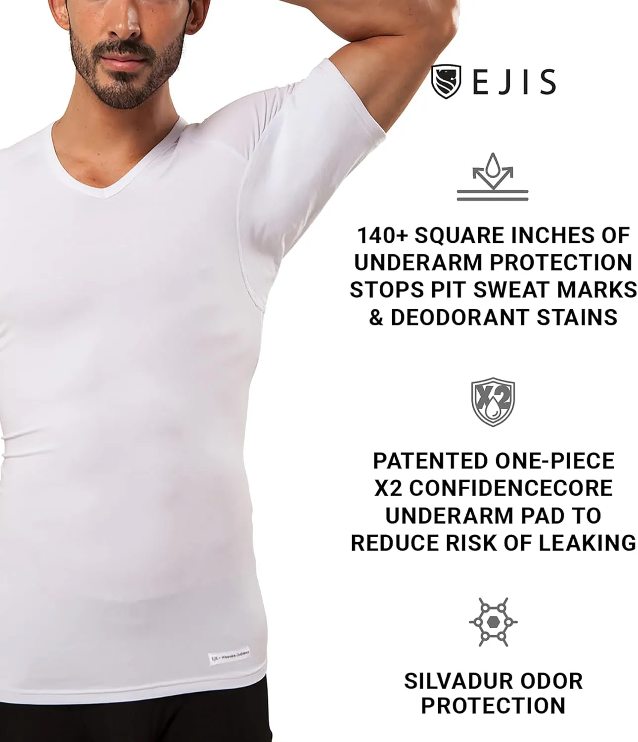 Ejis Men's Sweat Proof Undershirt, V Neck, Anti-Odor Silver, Micro Modal, Sweat Pads