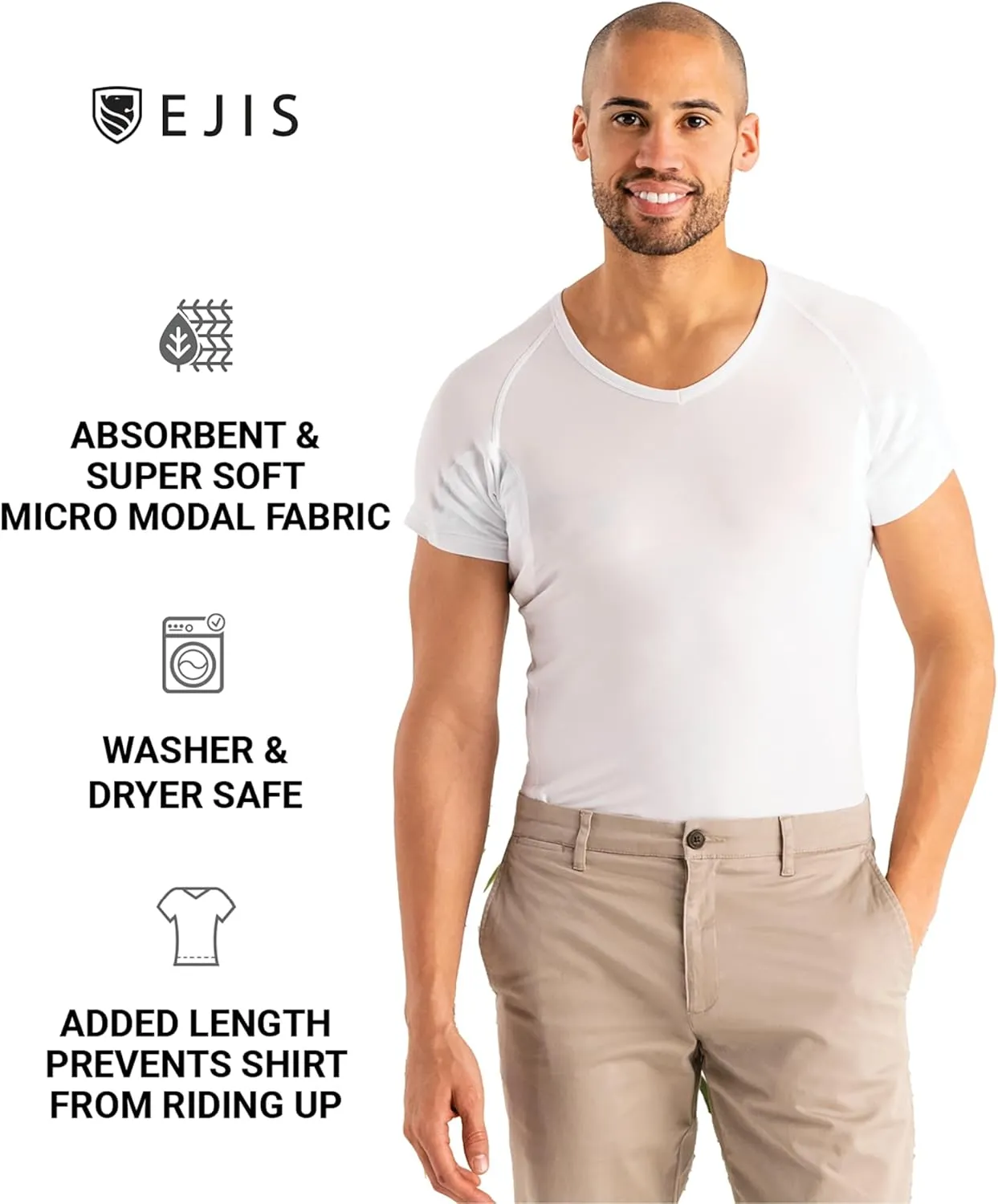Ejis Men's Sweat Proof Undershirt, V Neck, Anti-Odor Silver, Micro Modal, Sweat Pads