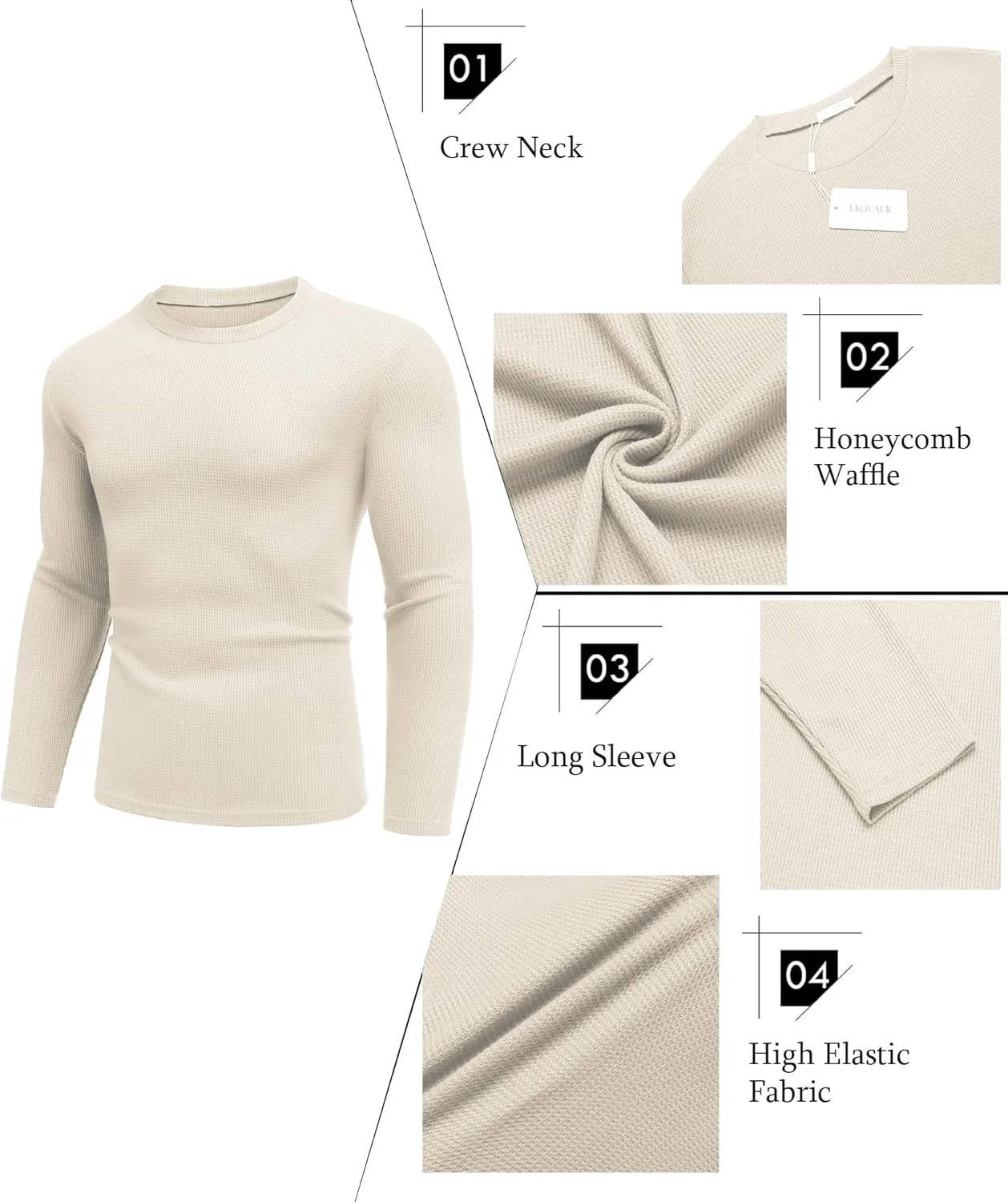 Ekouaer Men's Long Sleeve Shirts Honeycomb Waffle Pullover Sweater Crewneck Thermal Tops Lightweight Undershirts