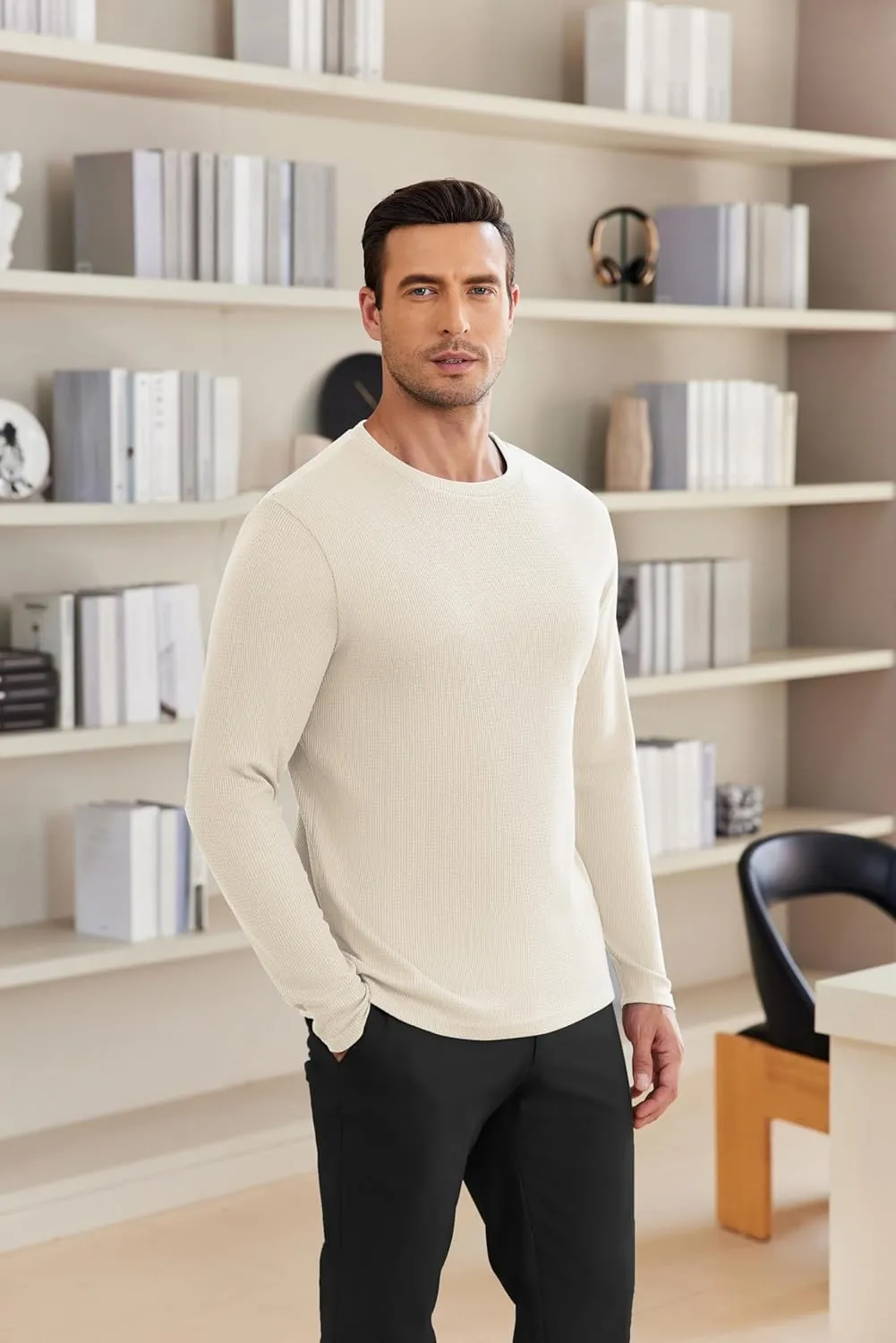 Ekouaer Men's Long Sleeve Shirts Honeycomb Waffle Pullover Sweater Crewneck Thermal Tops Lightweight Undershirts