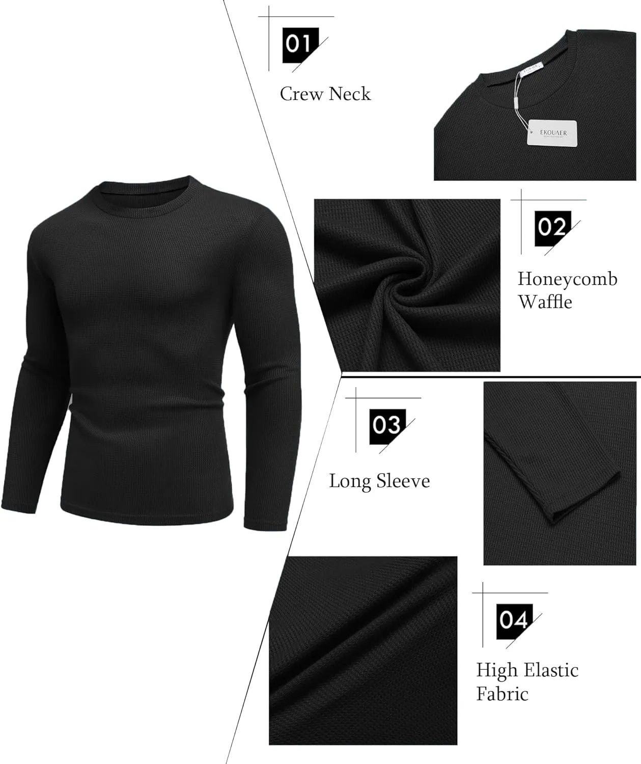 Ekouaer Men's Long Sleeve Shirts Honeycomb Waffle Pullover Sweater Crewneck Thermal Tops Lightweight Undershirts