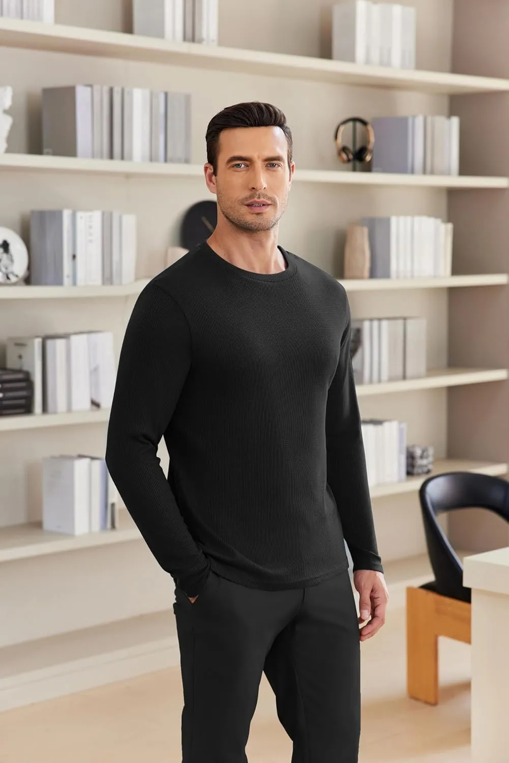 Ekouaer Men's Long Sleeve Shirts Honeycomb Waffle Pullover Sweater Crewneck Thermal Tops Lightweight Undershirts