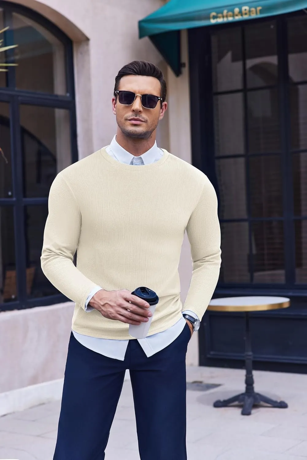Ekouaer Men's Long Sleeve Shirts Honeycomb Waffle Pullover Sweater Crewneck Thermal Tops Lightweight Undershirts