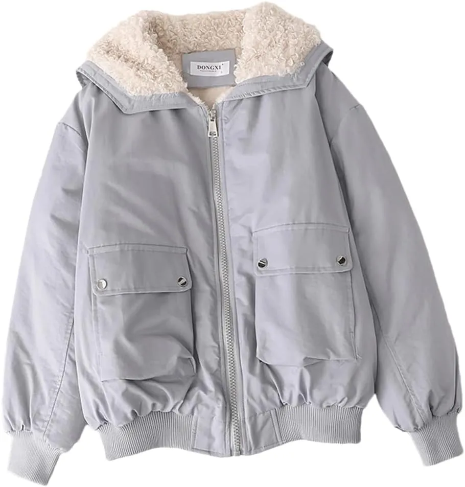 ERFMFKL Women Vintage Parka Jacket Warm Cotton Padded Fleece Jacket Harajuku Winter Coats Outerwear