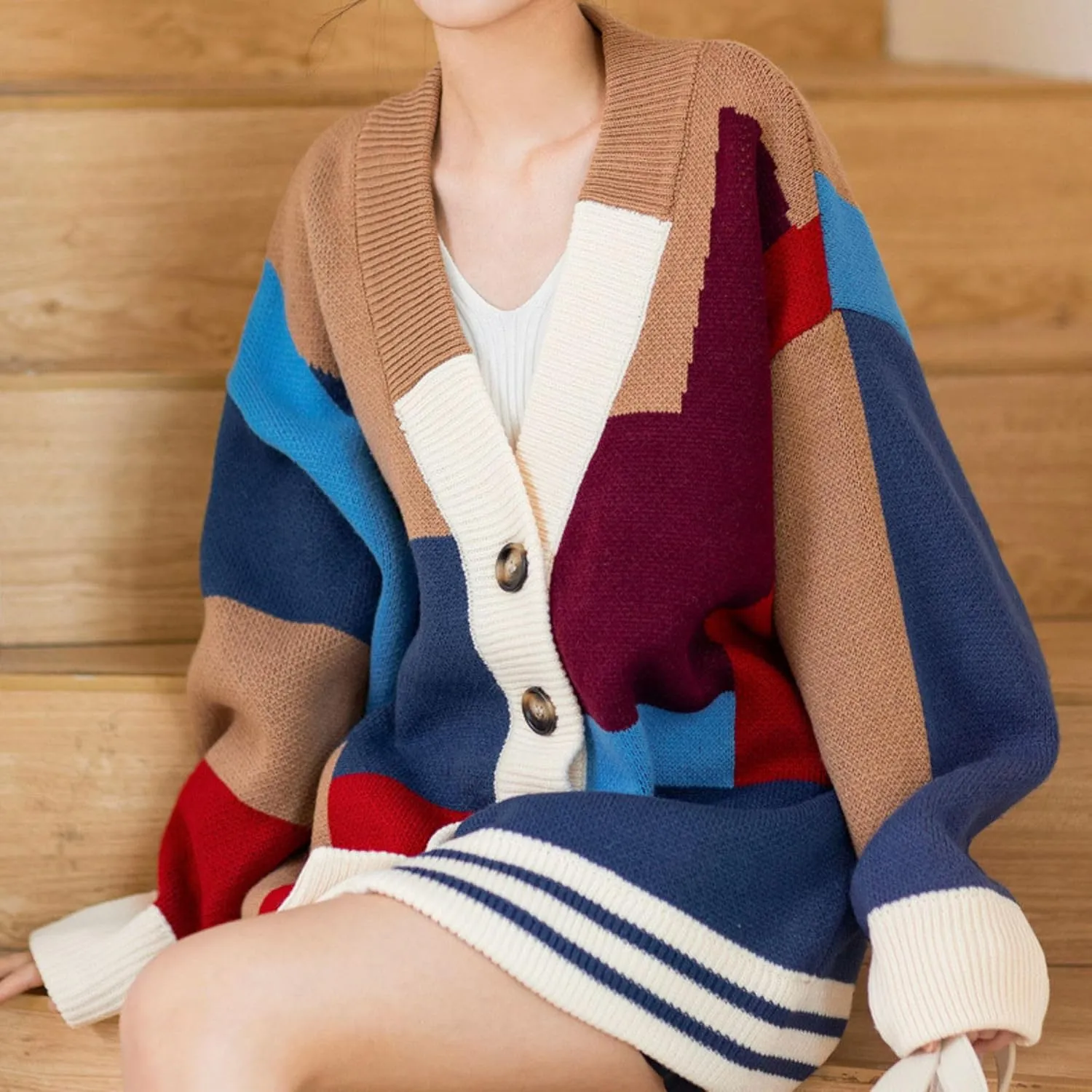 FindThy Womens Casual Color Block Cardigan V Neck Button Up Knitted Long Sleeve Sweater Cardigans