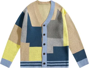 FindThy Womens Casual Color Block Cardigan V Neck Button Up Knitted Long Sleeve Sweater Cardigans