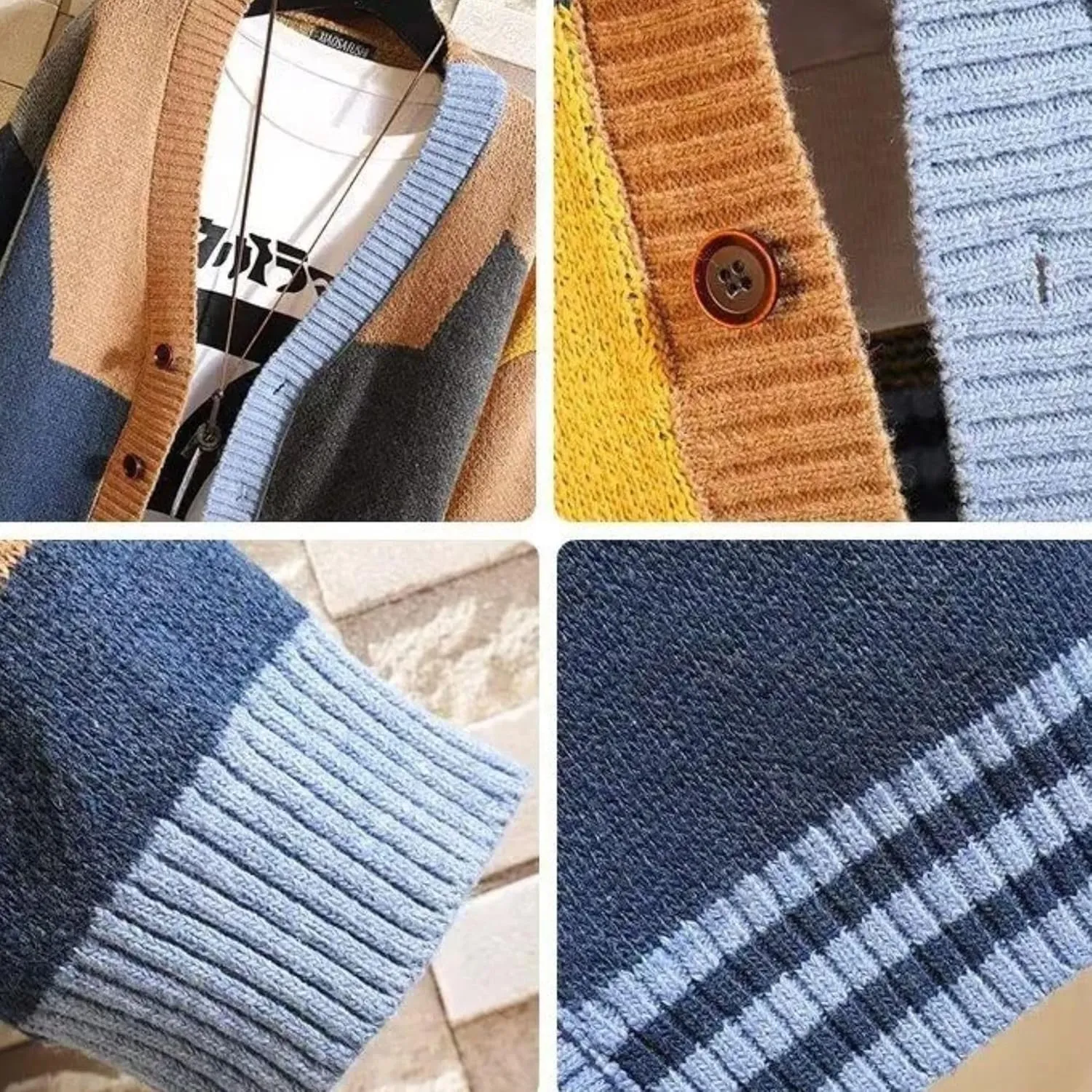 FindThy Womens Casual Color Block Cardigan V Neck Button Up Knitted Long Sleeve Sweater Cardigans