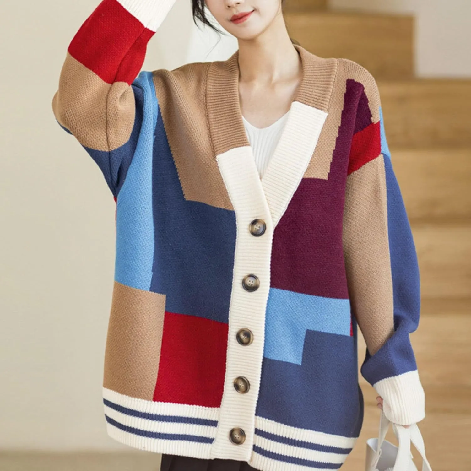 FindThy Womens Casual Color Block Cardigan V Neck Button Up Knitted Long Sleeve Sweater Cardigans