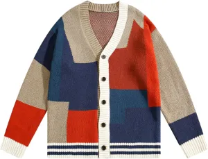 FindThy Womens Casual Color Block Cardigan V Neck Button Up Knitted Long Sleeve Sweater Cardigans