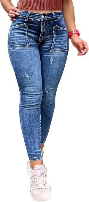 Flamingals Women's Wash Ripped Detail Mid Rise Stretchy Skinny Jeans