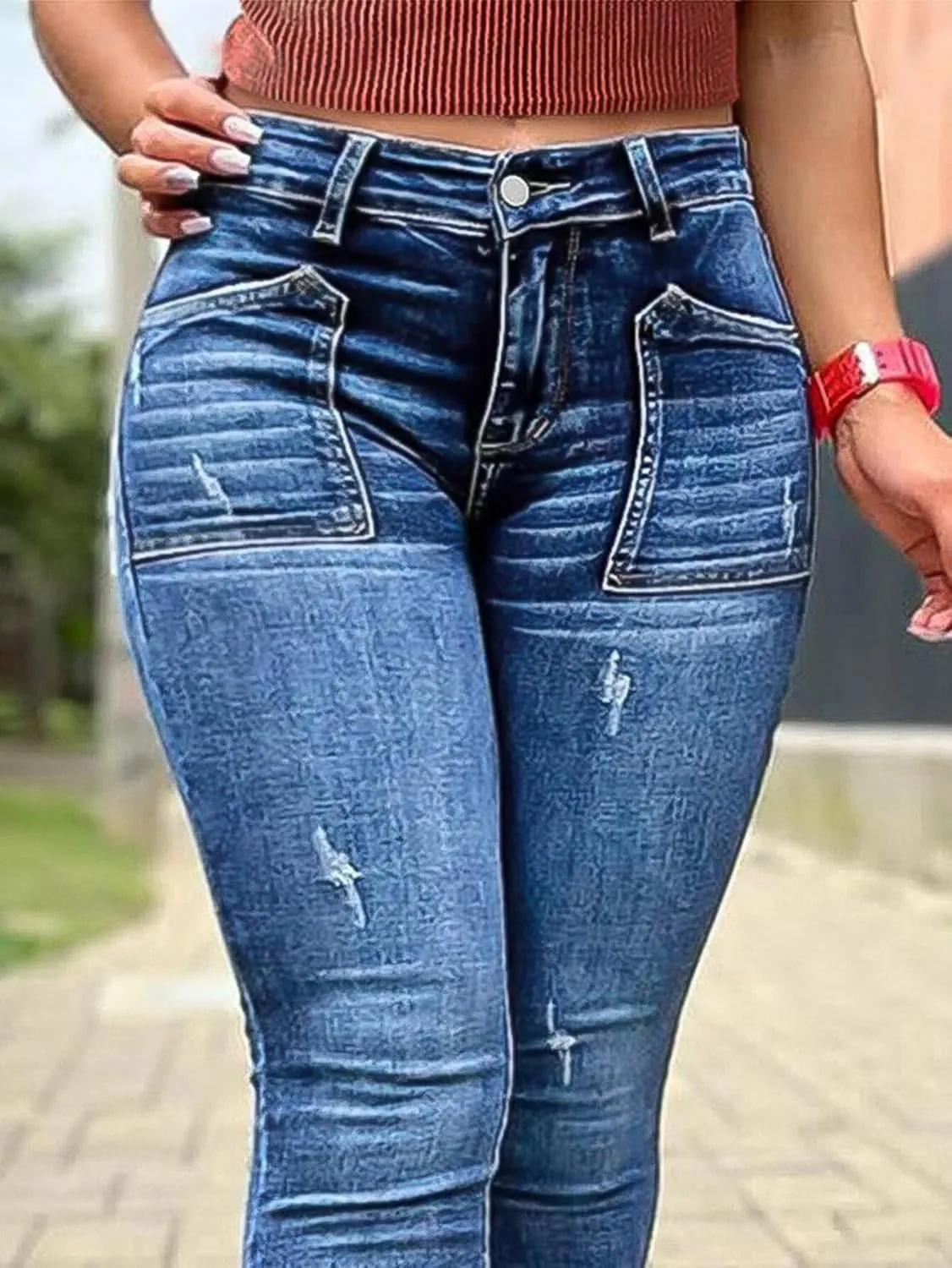 Flamingals Women's Wash Ripped Detail Mid Rise Stretchy Skinny Jeans