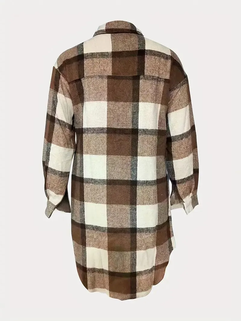 GEOUSLY Womens Casual Flannel Wool Blend Plaid Lapel Button Down Shirt Long Sleeve Shacket Jacket with Pockets