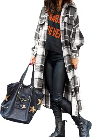 GEOUSLY Womens Casual Flannel Wool Blend Plaid Lapel Button Down Shirt Long Sleeve Shacket Jacket with Pockets