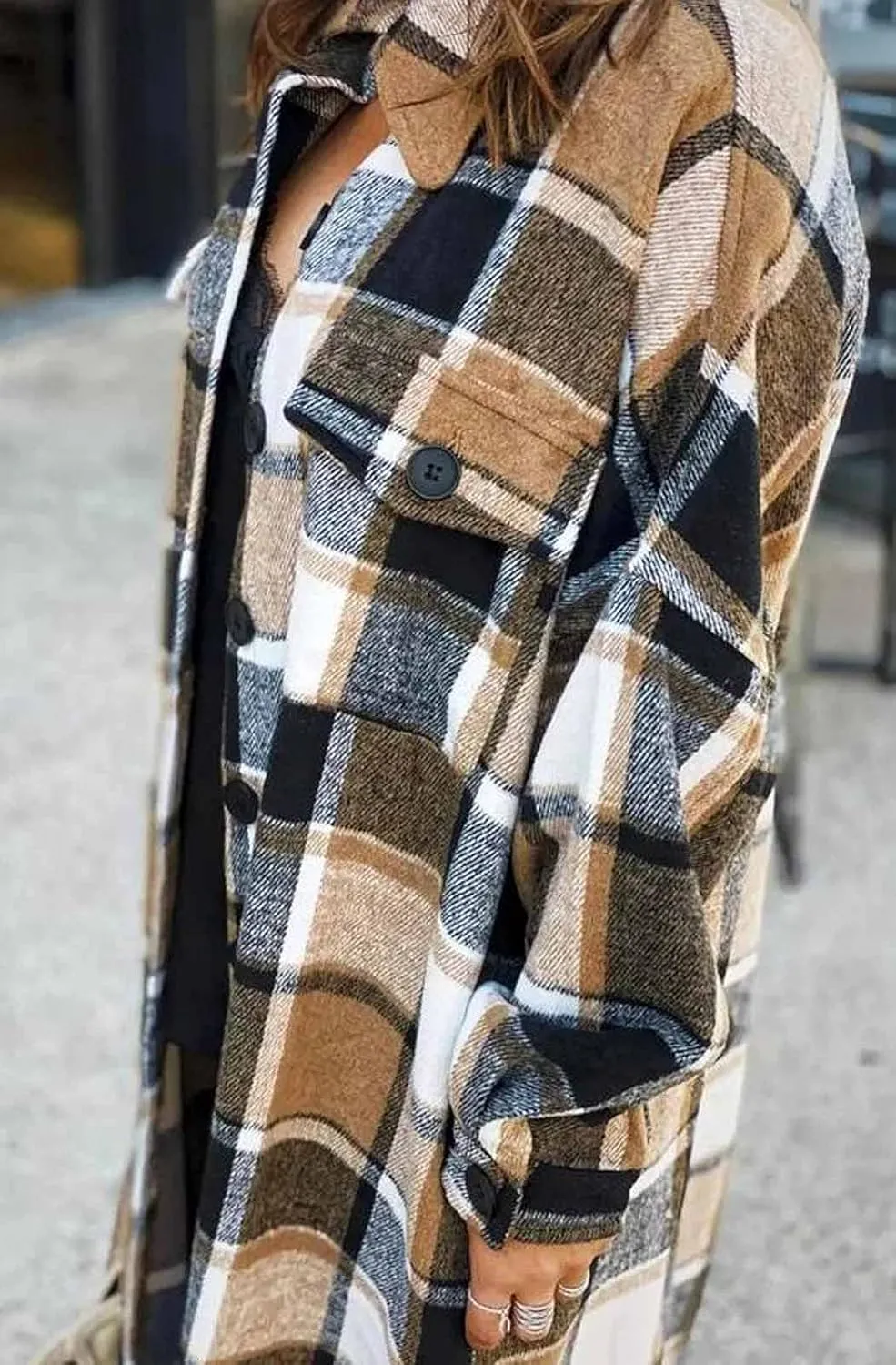 GEOUSLY Womens Casual Flannel Wool Blend Plaid Lapel Button Down Shirt Long Sleeve Shacket Jacket with Pockets