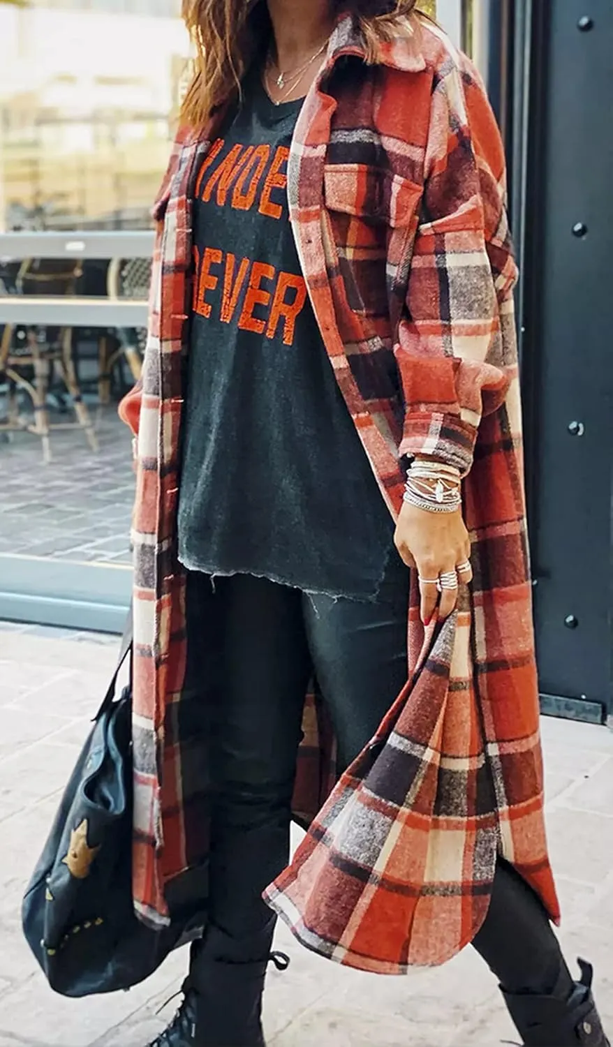 GEOUSLY Womens Casual Flannel Wool Blend Plaid Lapel Button Down Shirt Long Sleeve Shacket Jacket with Pockets