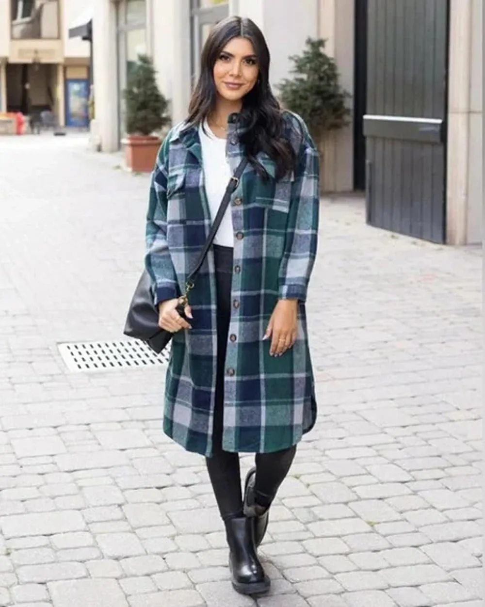 GEOUSLY Womens Casual Flannel Wool Blend Plaid Lapel Button Down Shirt Long Sleeve Shacket Jacket with Pockets