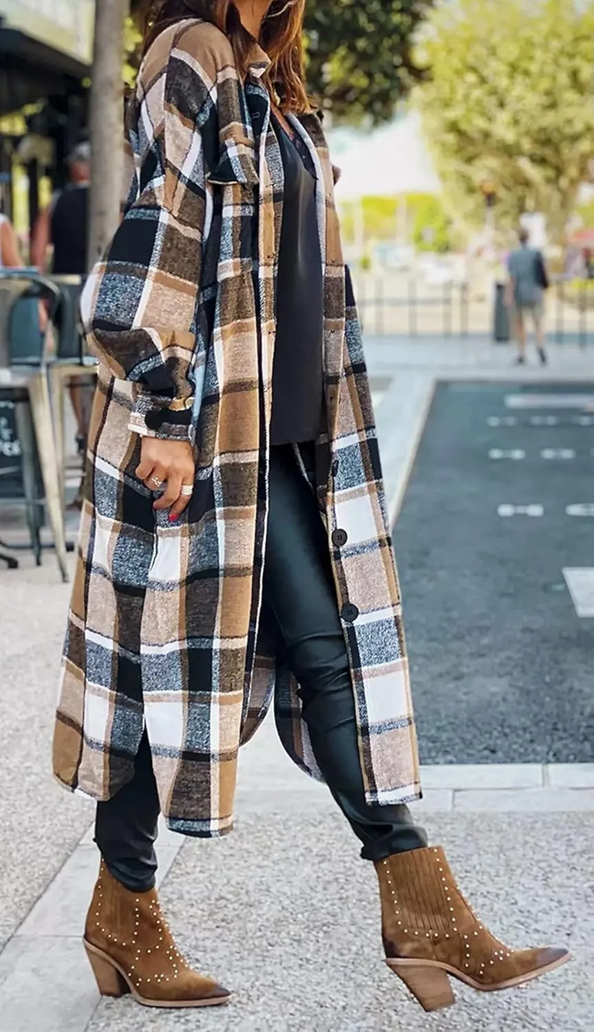 GEOUSLY Womens Casual Flannel Wool Blend Plaid Lapel Button Down Shirt Long Sleeve Shacket Jacket with Pockets