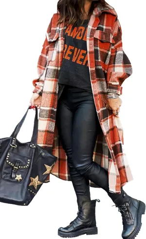 GEOUSLY Womens Casual Flannel Wool Blend Plaid Lapel Button Down Shirt Long Sleeve Shacket Jacket with Pockets