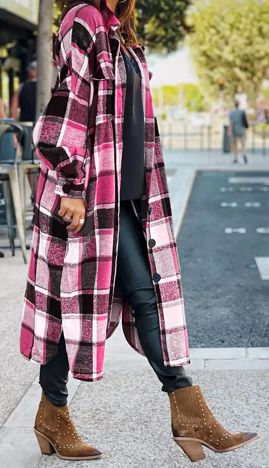 GEOUSLY Womens Casual Flannel Wool Blend Plaid Lapel Button Down Shirt Long Sleeve Shacket Jacket with Pockets