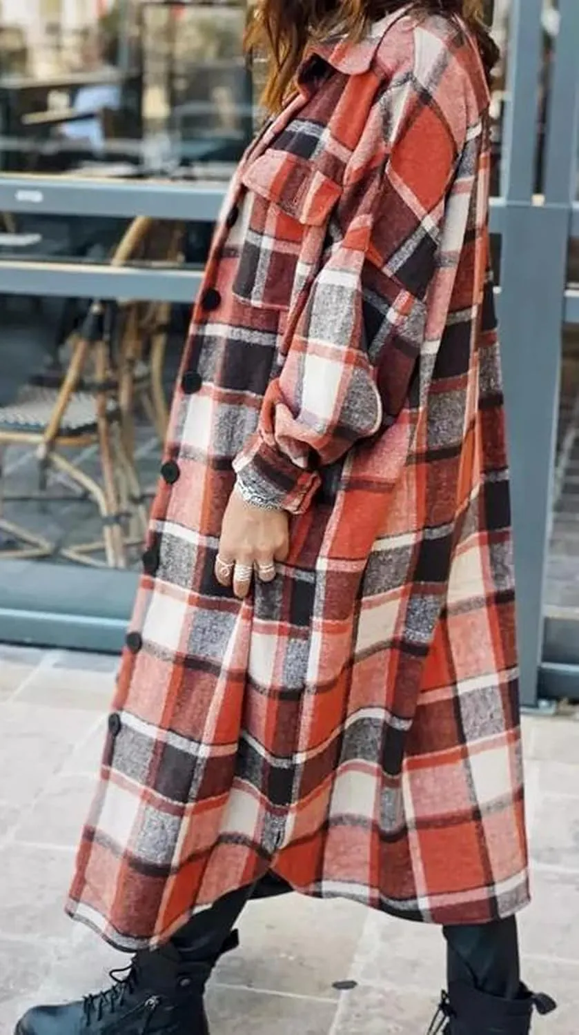 GEOUSLY Womens Casual Flannel Wool Blend Plaid Lapel Button Down Shirt Long Sleeve Shacket Jacket with Pockets