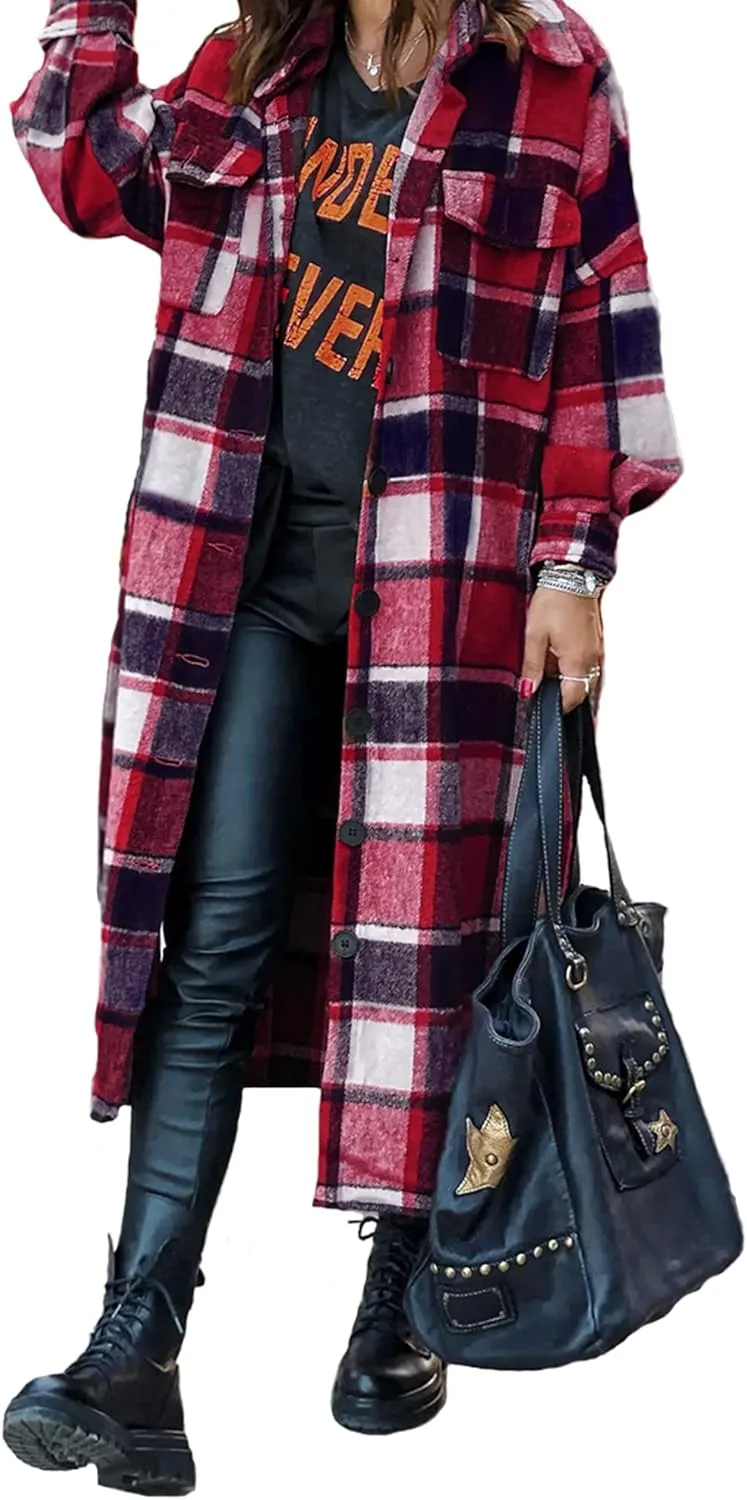 GEOUSLY Womens Casual Flannel Wool Blend Plaid Lapel Button Down Shirt Long Sleeve Shacket Jacket with Pockets