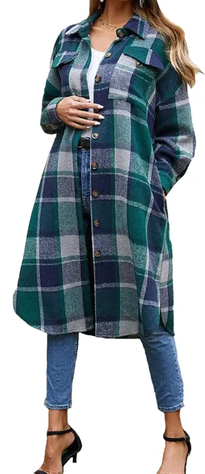 GEOUSLY Womens Casual Flannel Wool Blend Plaid Lapel Button Down Shirt Long Sleeve Shacket Jacket with Pockets