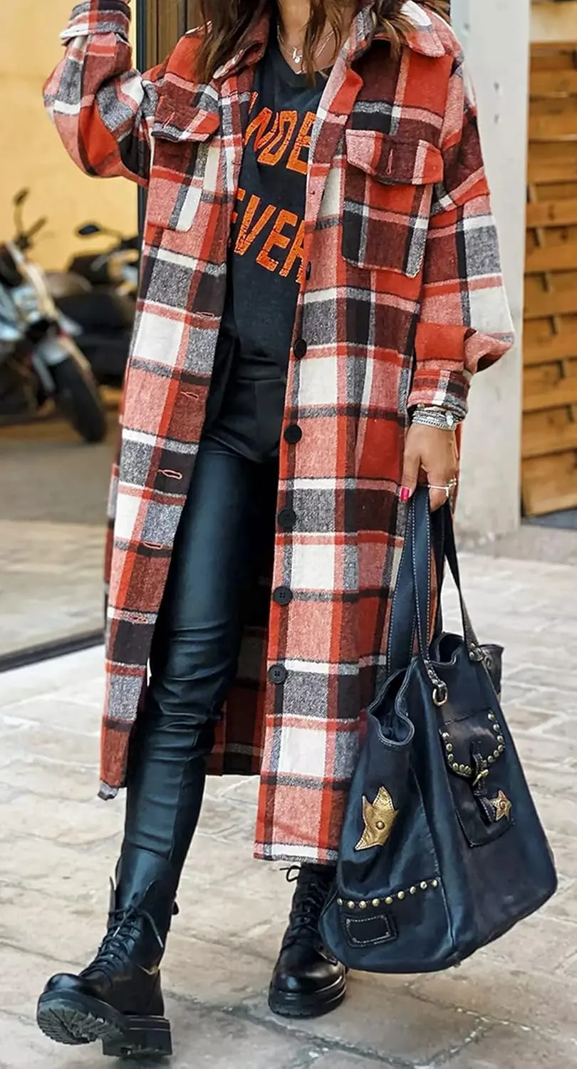 GEOUSLY Womens Casual Flannel Wool Blend Plaid Lapel Button Down Shirt Long Sleeve Shacket Jacket with Pockets