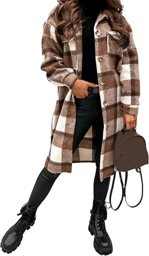 GEOUSLY Womens Casual Flannel Wool Blend Plaid Lapel Button Down Shirt Long Sleeve Shacket Jacket with Pockets