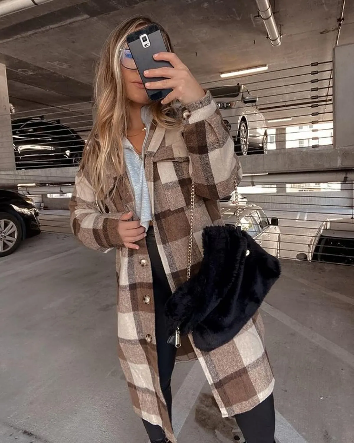 GEOUSLY Womens Casual Flannel Wool Blend Plaid Lapel Button Down Shirt Long Sleeve Shacket Jacket with Pockets
