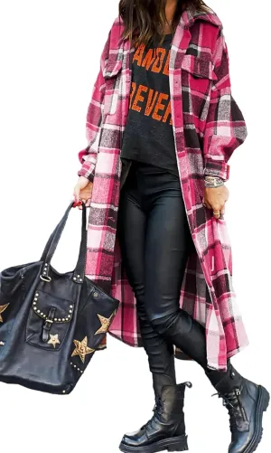 GEOUSLY Womens Casual Flannel Wool Blend Plaid Lapel Button Down Shirt Long Sleeve Shacket Jacket with Pockets