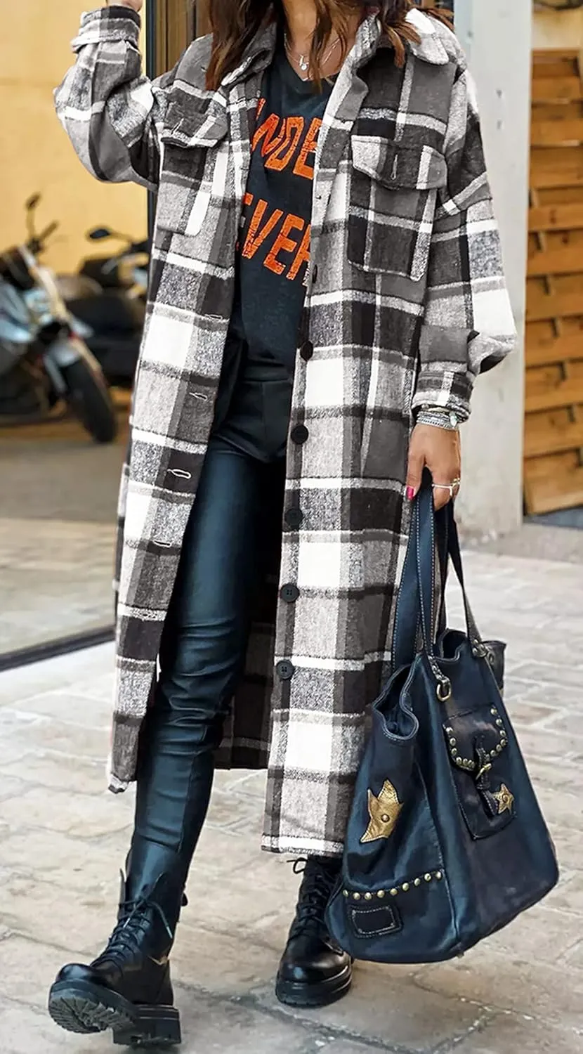 GEOUSLY Womens Casual Flannel Wool Blend Plaid Lapel Button Down Shirt Long Sleeve Shacket Jacket with Pockets