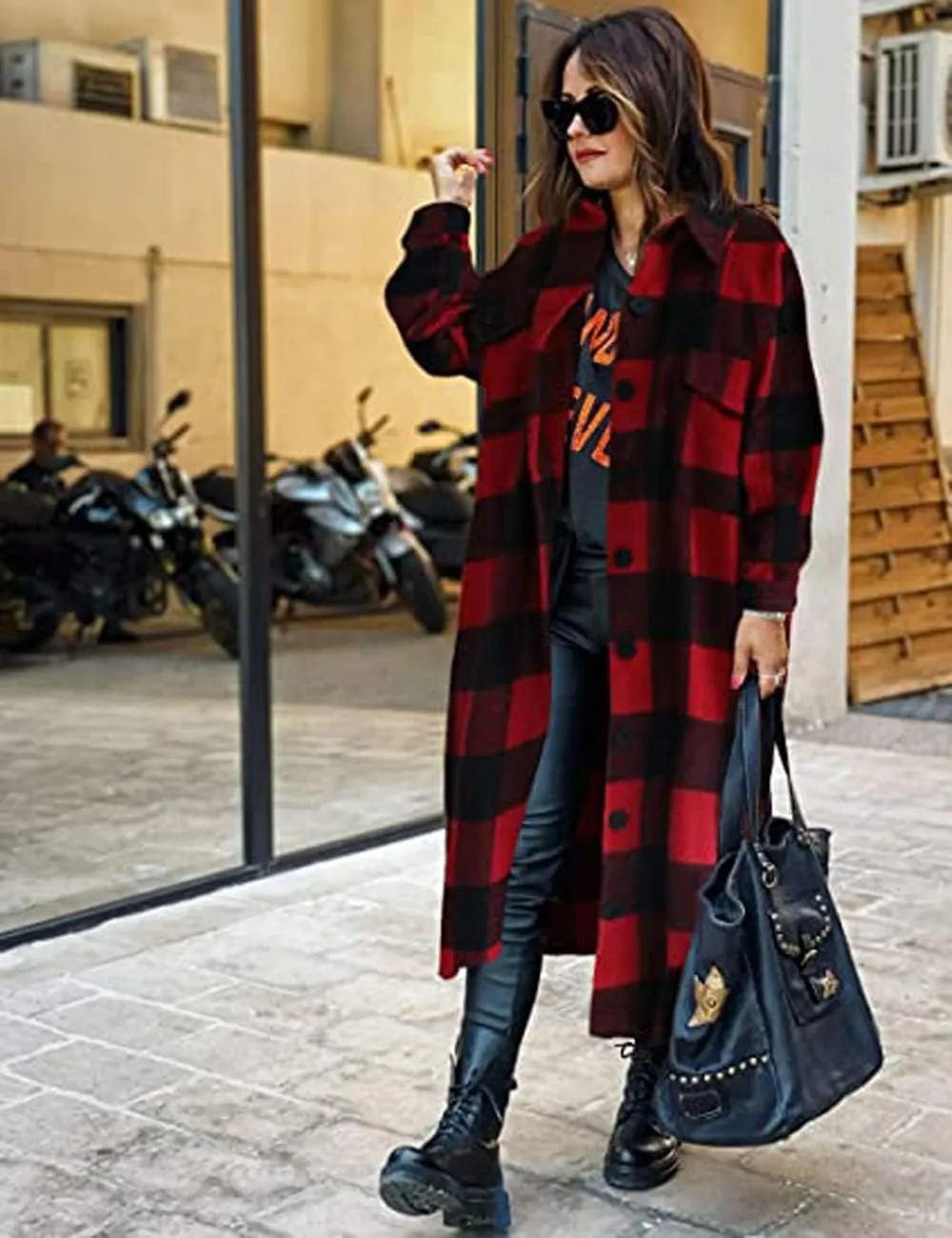 GEOUSLY Womens Casual Flannel Wool Blend Plaid Lapel Button Down Shirt Long Sleeve Shacket Jacket with Pockets