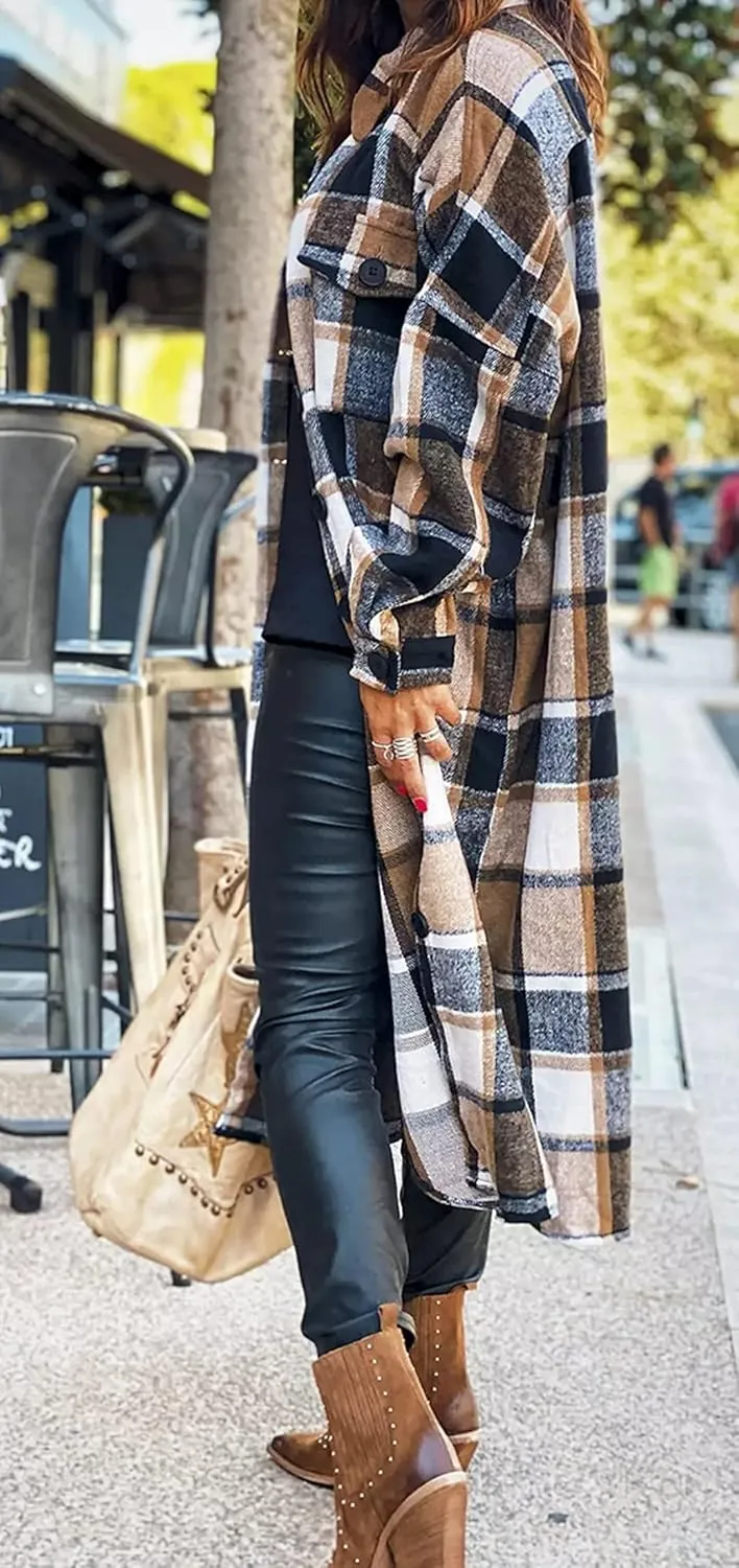 GEOUSLY Womens Casual Flannel Wool Blend Plaid Lapel Button Down Shirt Long Sleeve Shacket Jacket with Pockets