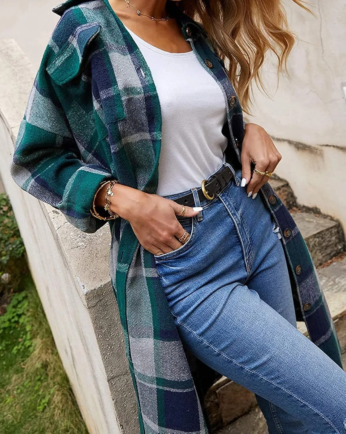 GEOUSLY Womens Casual Flannel Wool Blend Plaid Lapel Button Down Shirt Long Sleeve Shacket Jacket with Pockets