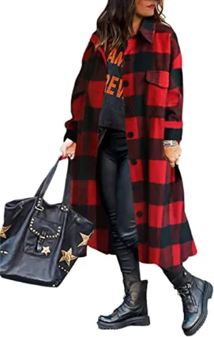 GEOUSLY Womens Casual Flannel Wool Blend Plaid Lapel Button Down Shirt Long Sleeve Shacket Jacket with Pockets