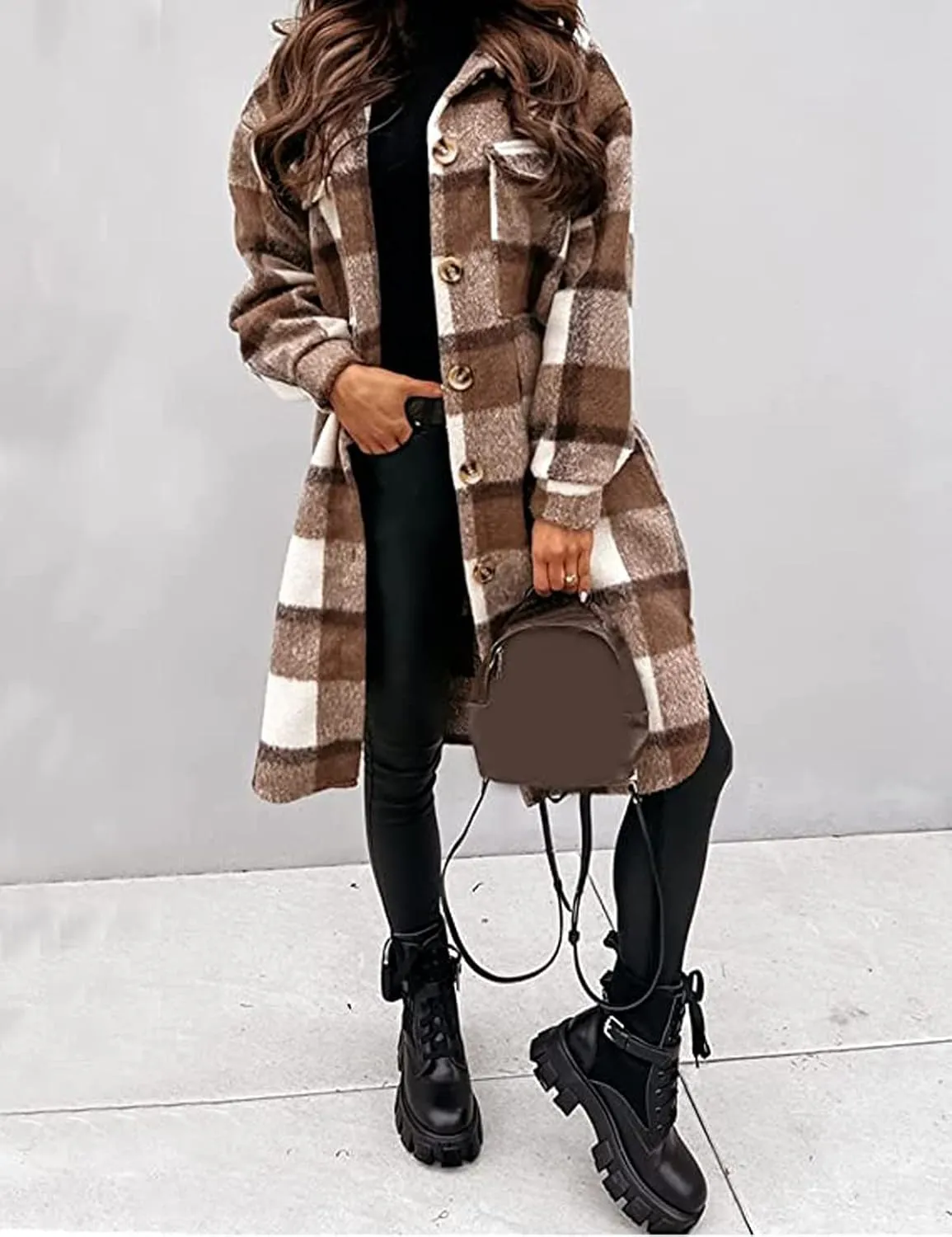 GEOUSLY Womens Casual Flannel Wool Blend Plaid Lapel Button Down Shirt Long Sleeve Shacket Jacket with Pockets