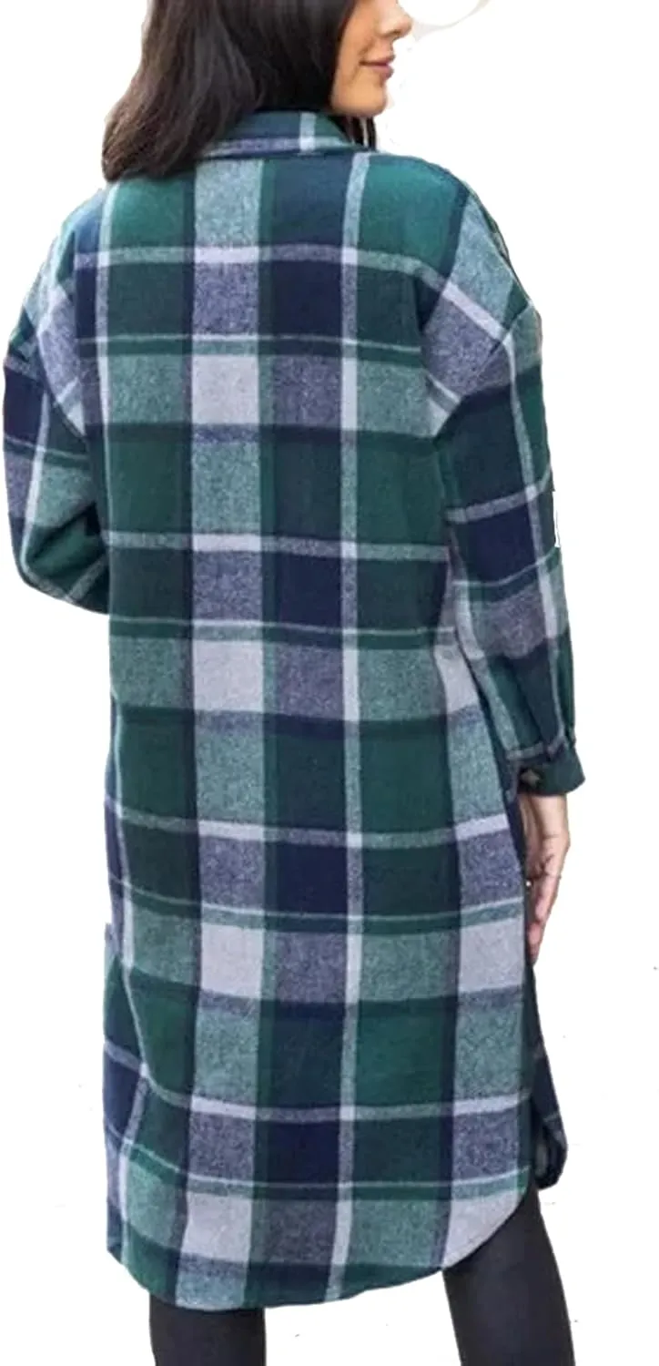 GEOUSLY Womens Casual Flannel Wool Blend Plaid Lapel Button Down Shirt Long Sleeve Shacket Jacket with Pockets