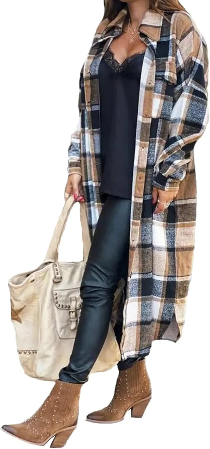 GEOUSLY Womens Casual Flannel Wool Blend Plaid Lapel Button Down Shirt Long Sleeve Shacket Jacket with Pockets