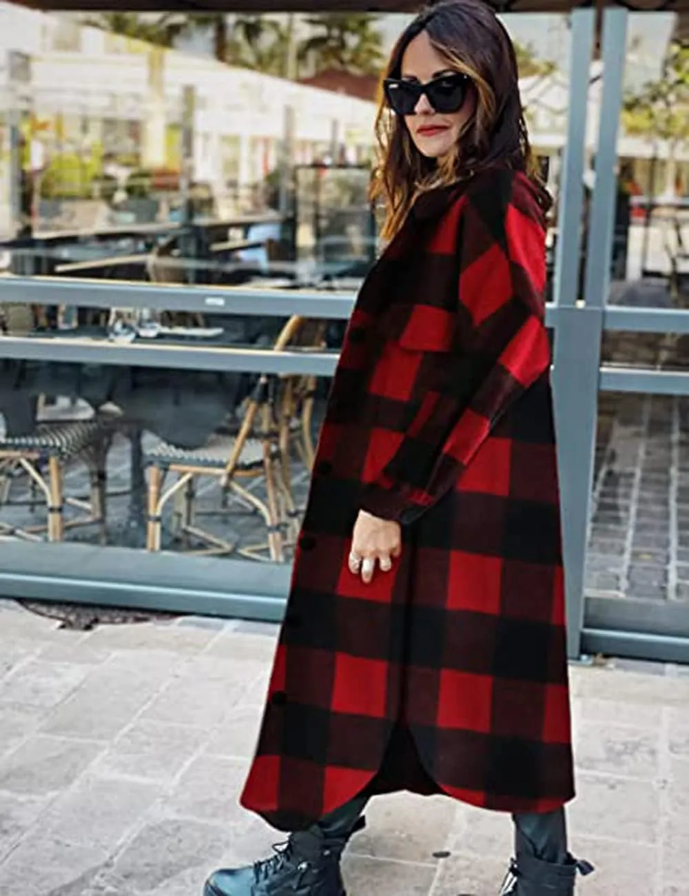 GEOUSLY Womens Casual Flannel Wool Blend Plaid Lapel Button Down Shirt Long Sleeve Shacket Jacket with Pockets