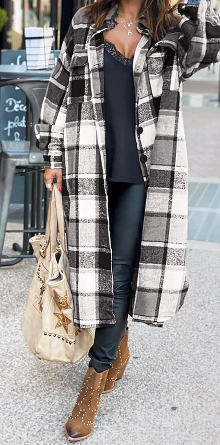 GEOUSLY Womens Casual Flannel Wool Blend Plaid Lapel Button Down Shirt Long Sleeve Shacket Jacket with Pockets