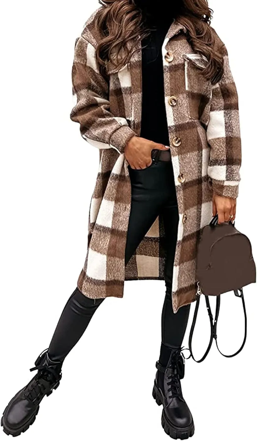 GEOUSLY Womens Casual Flannel Wool Blend Plaid Lapel Button Down Shirt Long Sleeve Shacket Jacket with Pockets