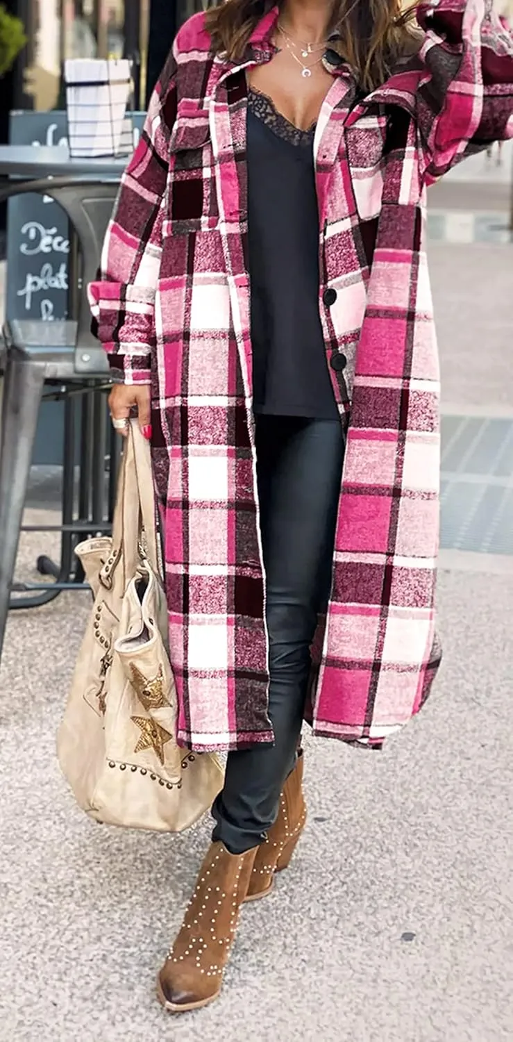GEOUSLY Womens Casual Flannel Wool Blend Plaid Lapel Button Down Shirt Long Sleeve Shacket Jacket with Pockets