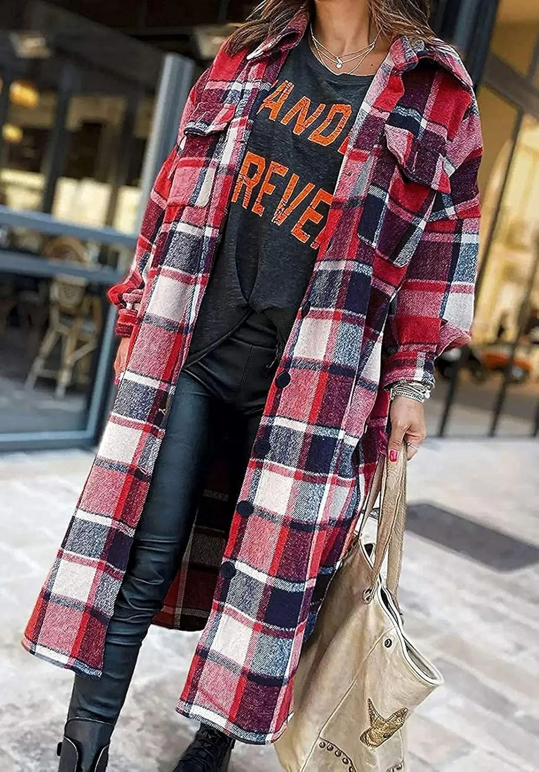 GEOUSLY Womens Casual Flannel Wool Blend Plaid Lapel Button Down Shirt Long Sleeve Shacket Jacket with Pockets
