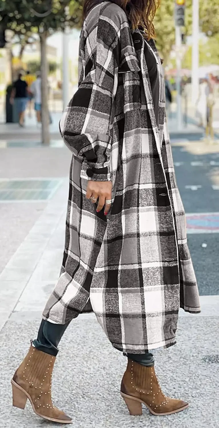 GEOUSLY Womens Casual Flannel Wool Blend Plaid Lapel Button Down Shirt Long Sleeve Shacket Jacket with Pockets