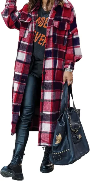 GEOUSLY Womens Casual Flannel Wool Blend Plaid Lapel Button Down Shirt Long Sleeve Shacket Jacket with Pockets