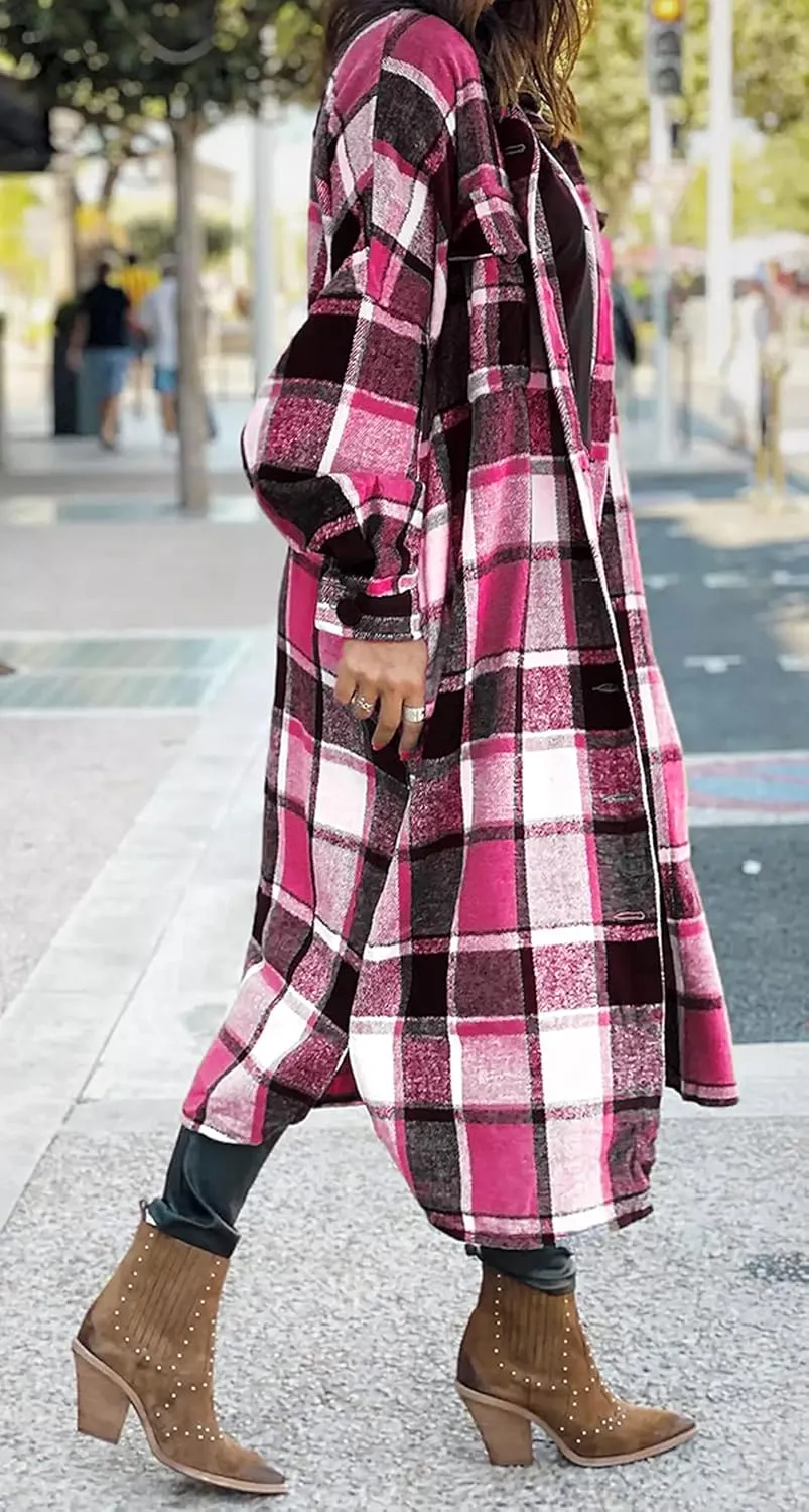 GEOUSLY Womens Casual Flannel Wool Blend Plaid Lapel Button Down Shirt Long Sleeve Shacket Jacket with Pockets