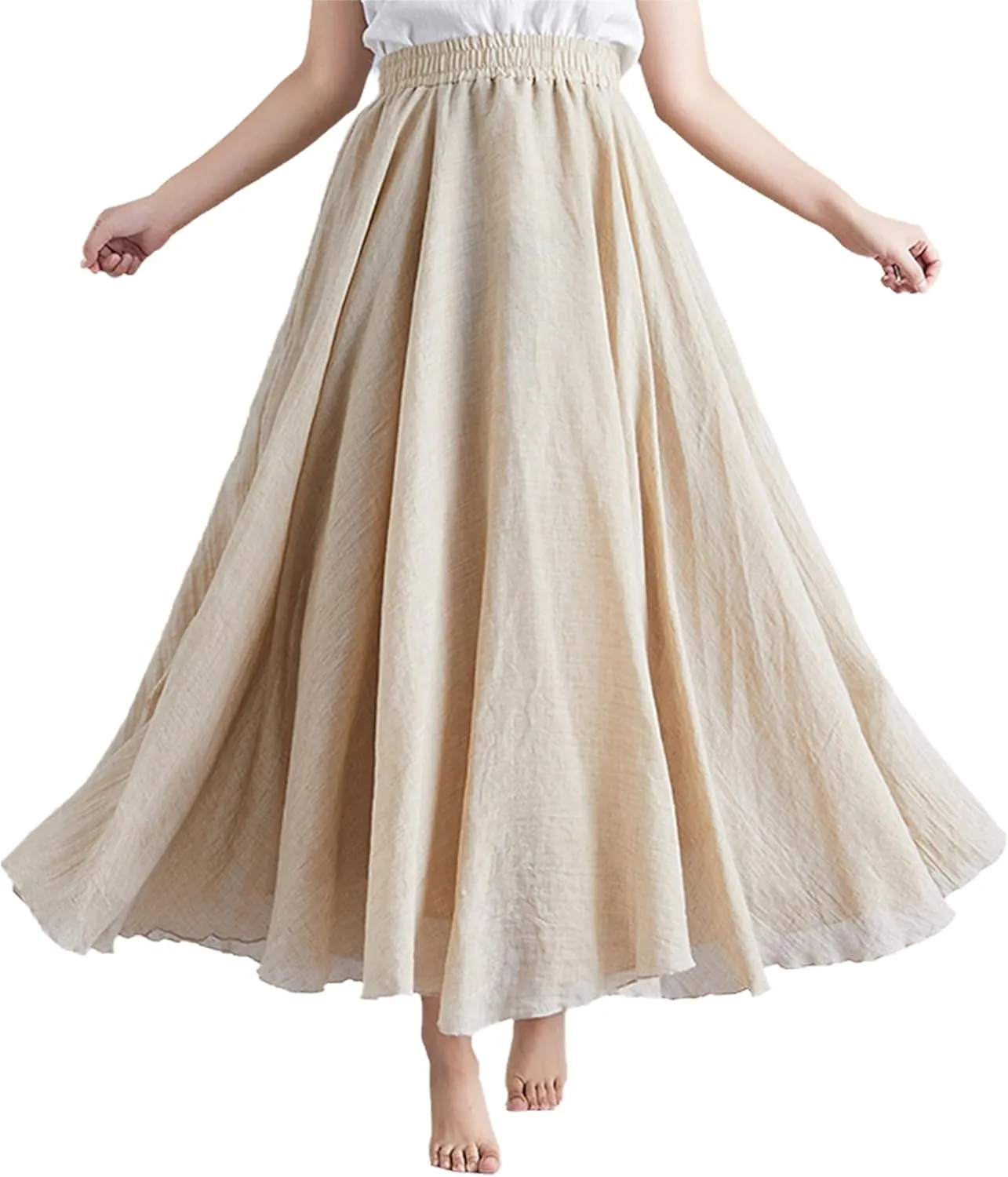 Giltpeak Linen Maxi Skirt, Women's Bohemian Flowy Elastic Waist Band Cotton Linen Long Maxi Skirt Dress