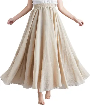Giltpeak Linen Maxi Skirt, Women's Bohemian Flowy Elastic Waist Band Cotton Linen Long Maxi Skirt Dress