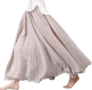 Giltpeak Women's Summer Linen Maxi Skirt, Bohemian Renaissance Flowy Maxi Skirt, Elastic Waist Band Cotton Linen Long Dress